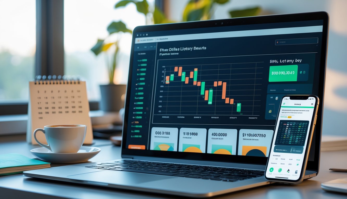 Meja kerja modern dengan laptop dan ponsel yang menampilkan angka dan grafik terkait togel, di samping cangkir kopi dan buku catatan.