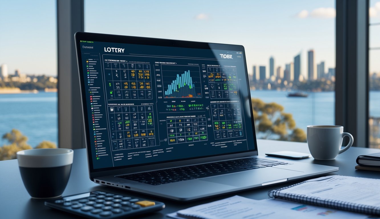 Meja kerja modern dengan laptop menampilkan data dan grafik, catatan, kalkulator, dan secangkir kopi, dengan pemandangan kota Sydney di latar belakang.