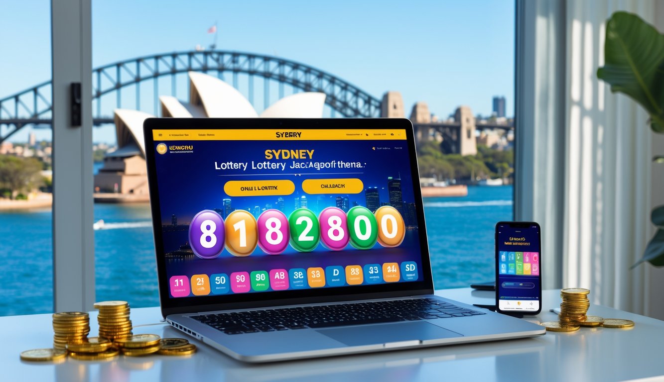 Seorang laptop di meja dengan pemandangan kota Sydney di latar belakang, menampilkan layar situs lotre online dengan angka jackpot dan elemen terkait permainan lotre.