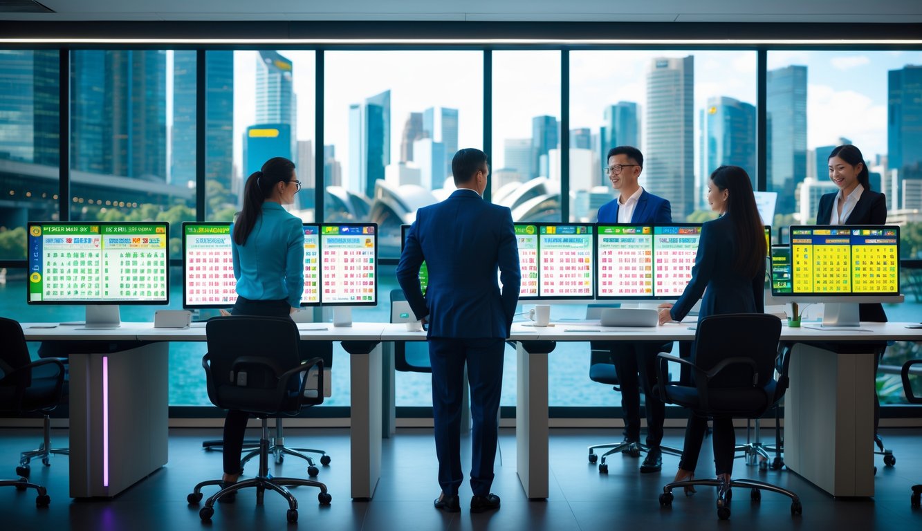 Orang-orang bekerja di kantor modern dengan layar komputer menampilkan angka lotre dan pemandangan kota Sydney di latar belakang.