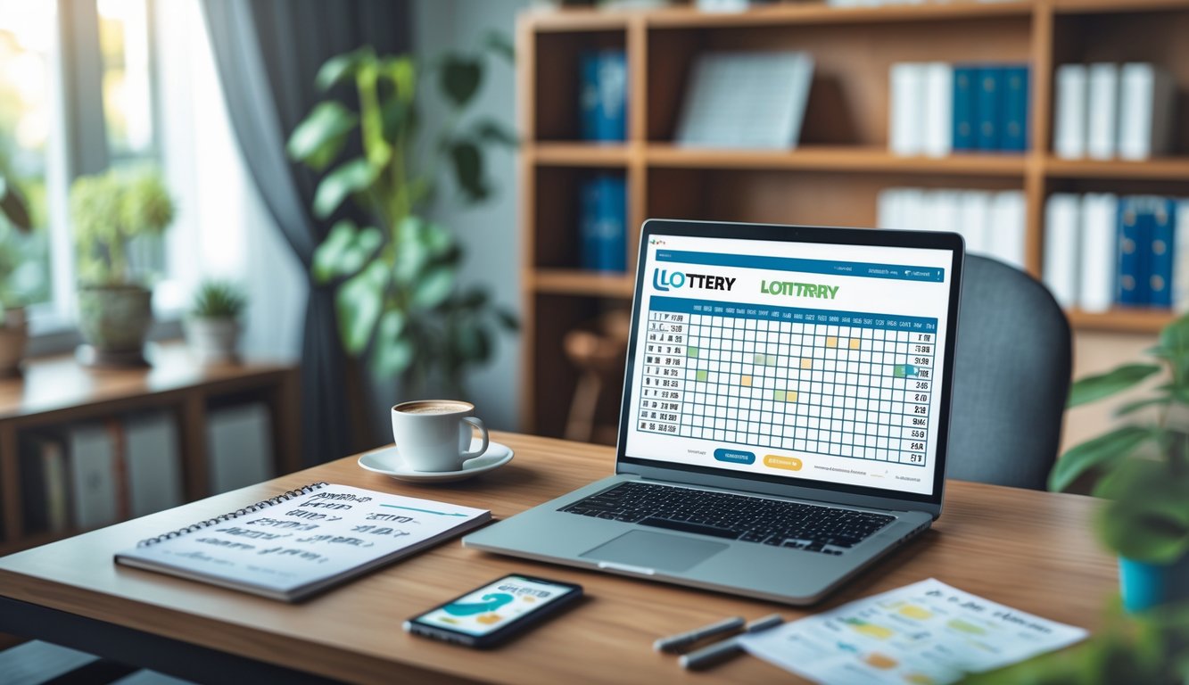 Meja kerja modern dengan laptop, catatan, dan smartphone yang menunjukkan aplikasi lotre, dikelilingi tanaman dan rak buku.