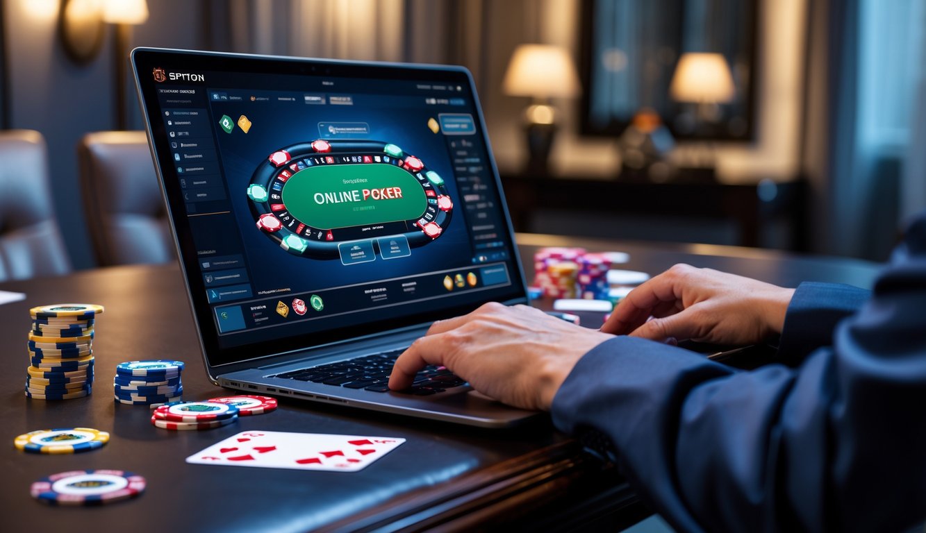 Seorang pemain sedang bermain poker online di laptop dengan chip dan kartu di atas meja kayu yang rapi.
