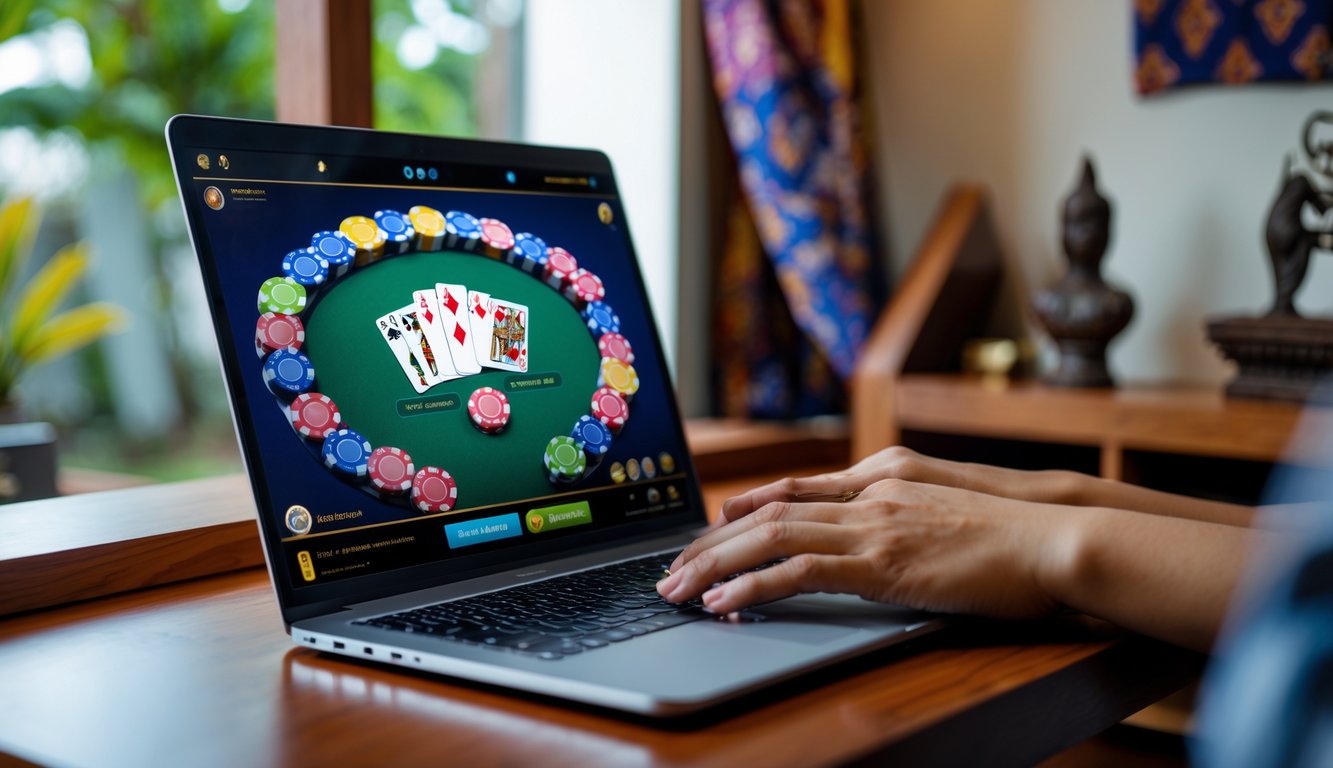 Seseorang bermain poker online di laptop di sebuah ruang kerja dengan dekorasi khas Indonesia.