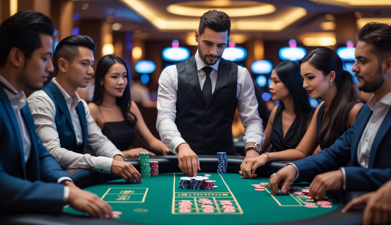 Meja poker dengan pemain yang fokus di kasino mewah dengan pencahayaan hangat.