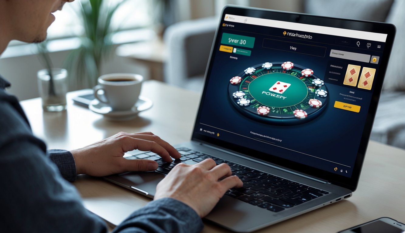 Seseorang bermain poker online menggunakan komputer di ruang tamu dengan suasana nyaman.