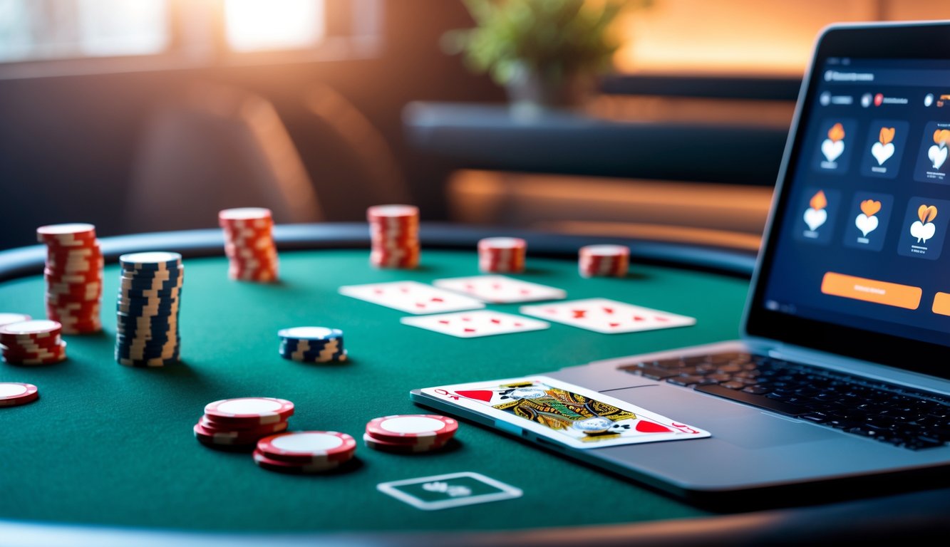 Meja poker modern dengan kartu dan chip poker tertata rapi serta laptop yang menampilkan permainan poker online.