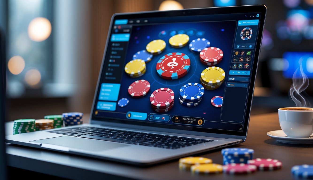 Seorang pemain duduk di depan komputer dengan permainan poker online yang terlihat di layar, dikelilingi oleh chip poker dan secangkir kopi di meja.