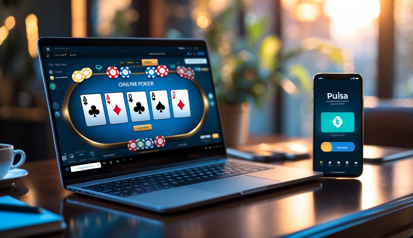Meja dengan laptop yang menampilkan permainan poker online dan smartphone yang menunjukkan aplikasi pembayaran pulsa.