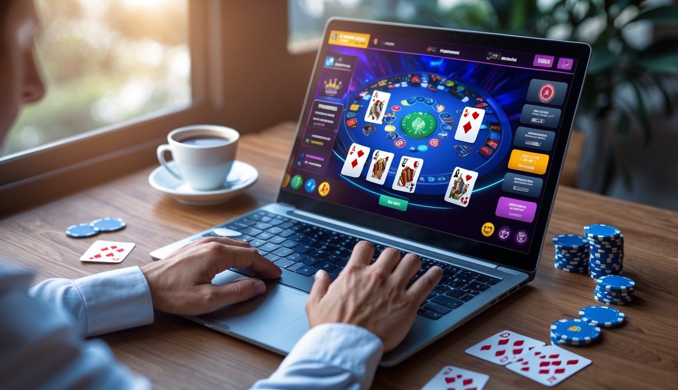 Sebuah laptop di atas meja kayu dengan permainan poker online di layar, dikelilingi chip poker dan kartu remi, serta tangan seseorang yang sedang bermain.