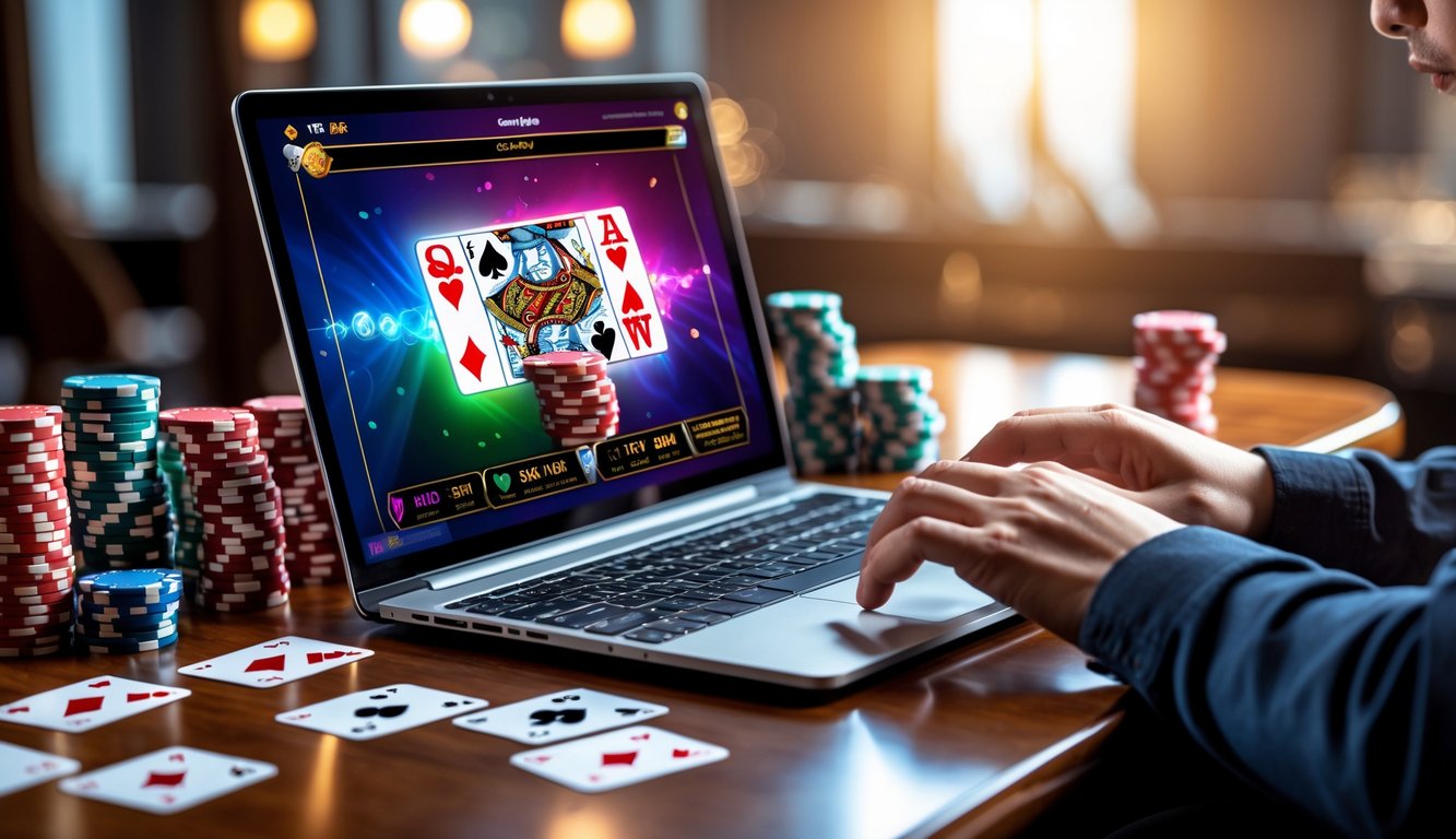 Seorang pemain sedang bermain poker online dengan komputer dan chip poker di atas meja kayu.