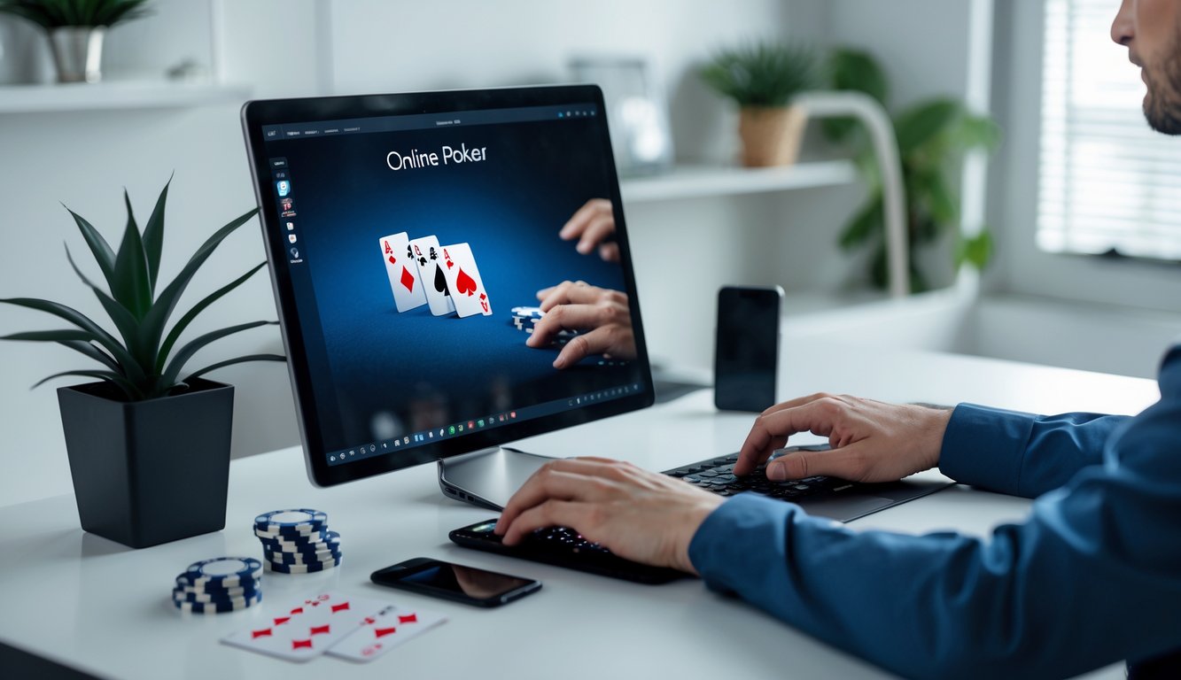 Orang sedang bermain poker online di depan komputer dengan chip dan kartu poker di meja.