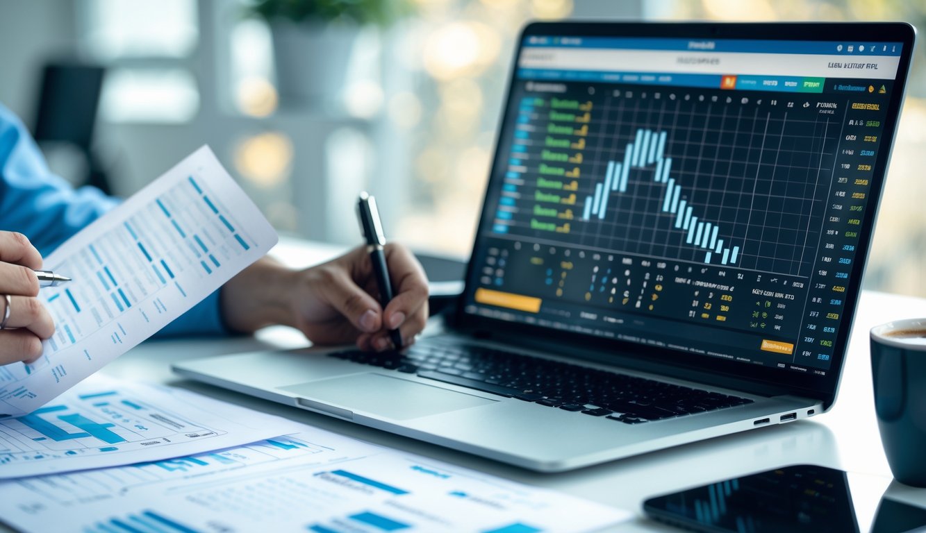Seseorang sedang menganalisis data di meja kerja dengan laptop dan dokumen di sekitarnya.