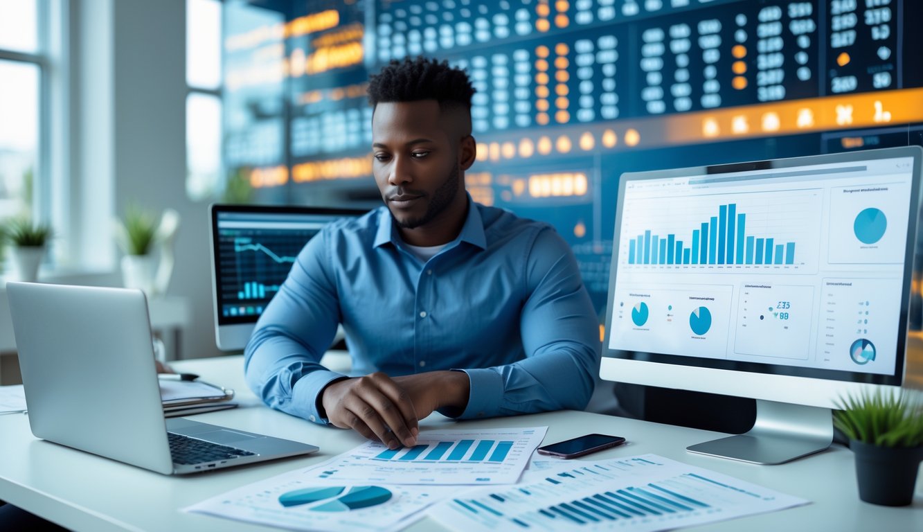 Seseorang sedang menganalisis data angka di depan komputer dalam ruang kantor yang rapi dan terang.