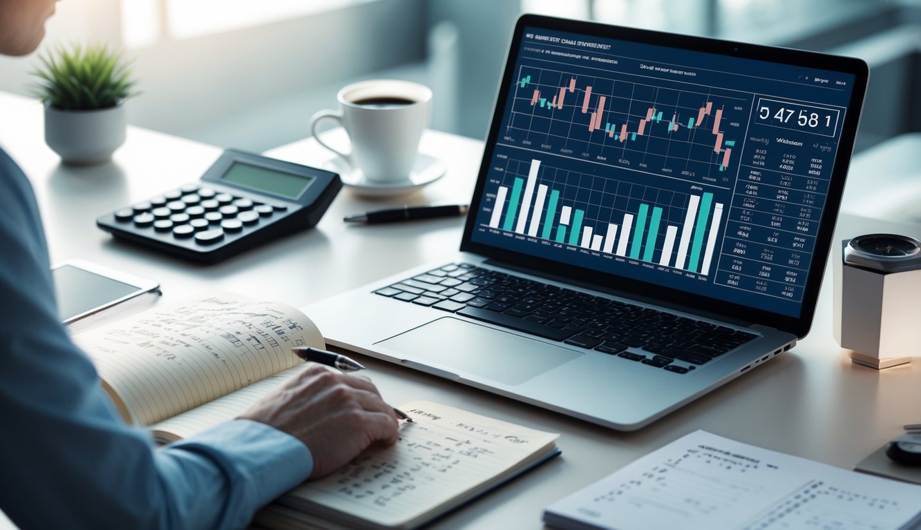 Sebuah meja kerja modern dengan laptop menampilkan grafik data dan catatan tangan, menunjukkan suasana analisis prediksi togel yang akurat.