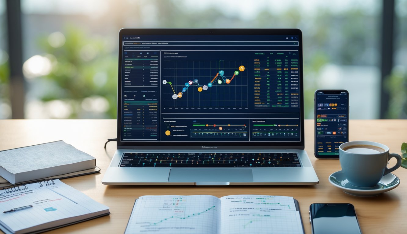 Meja kerja modern dengan laptop, ponsel, dan catatan yang menampilkan data prediksi togel online.