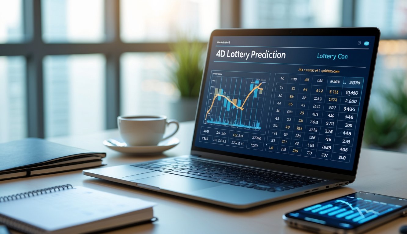 Meja kerja modern dengan laptop menampilkan data dan grafik prediksi togel 4D, di sekitar terdapat buku catatan, kopi, dan ponsel dengan grafik statistik.