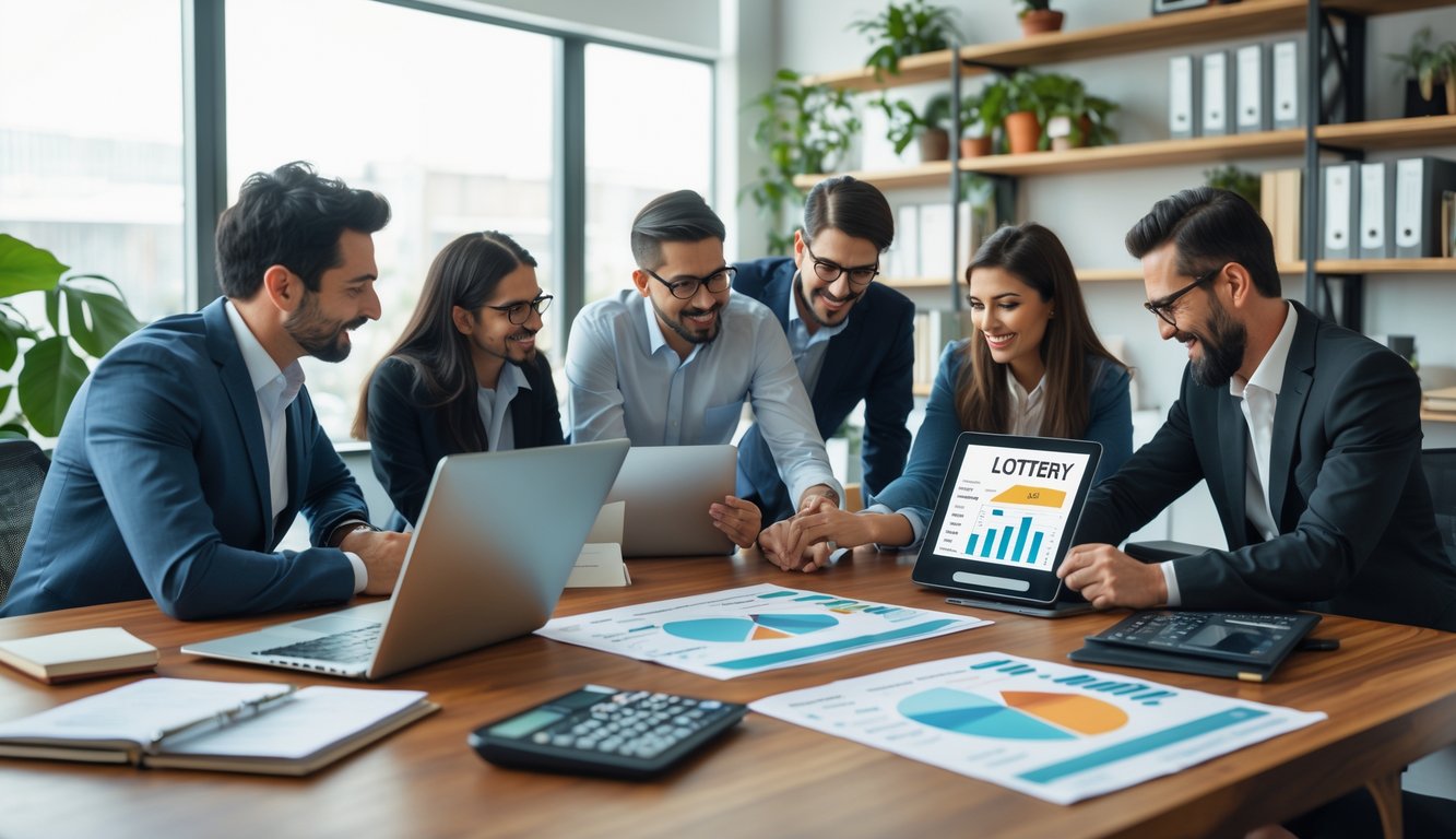 Sekelompok orang sedang bekerja bersama di meja dengan laptop dan dokumen di kantor yang terang.