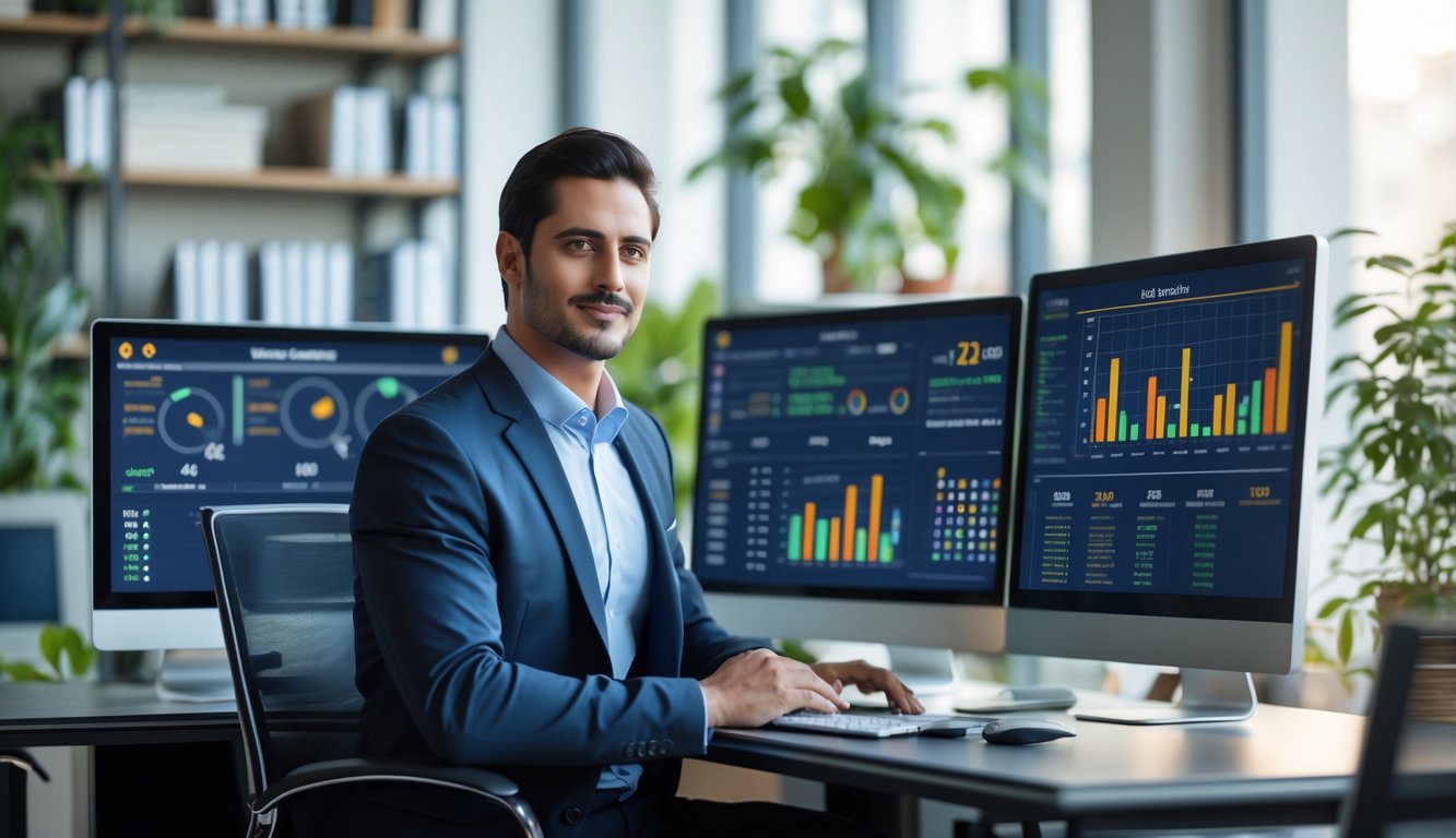 Seorang profesional sedang bekerja di meja dengan beberapa layar komputer yang menampilkan grafik dan data angka di sebuah kantor modern.