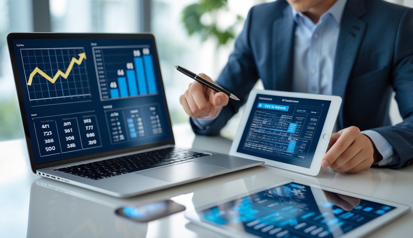 Seorang profesional sedang menganalisis data togel di meja kerja dengan perangkat digital di kantor yang terang.