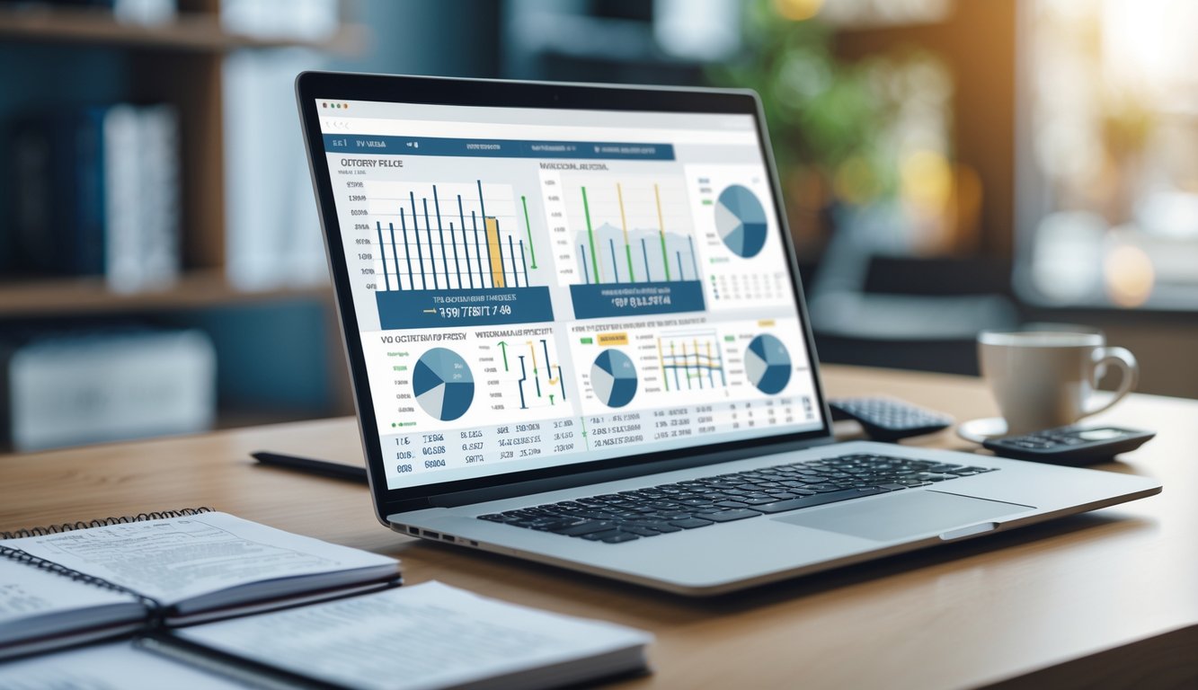 Meja kerja dengan laptop yang menampilkan grafik dan data angka, buku catatan, kalkulator, dan alat tulis di ruang kantor modern.