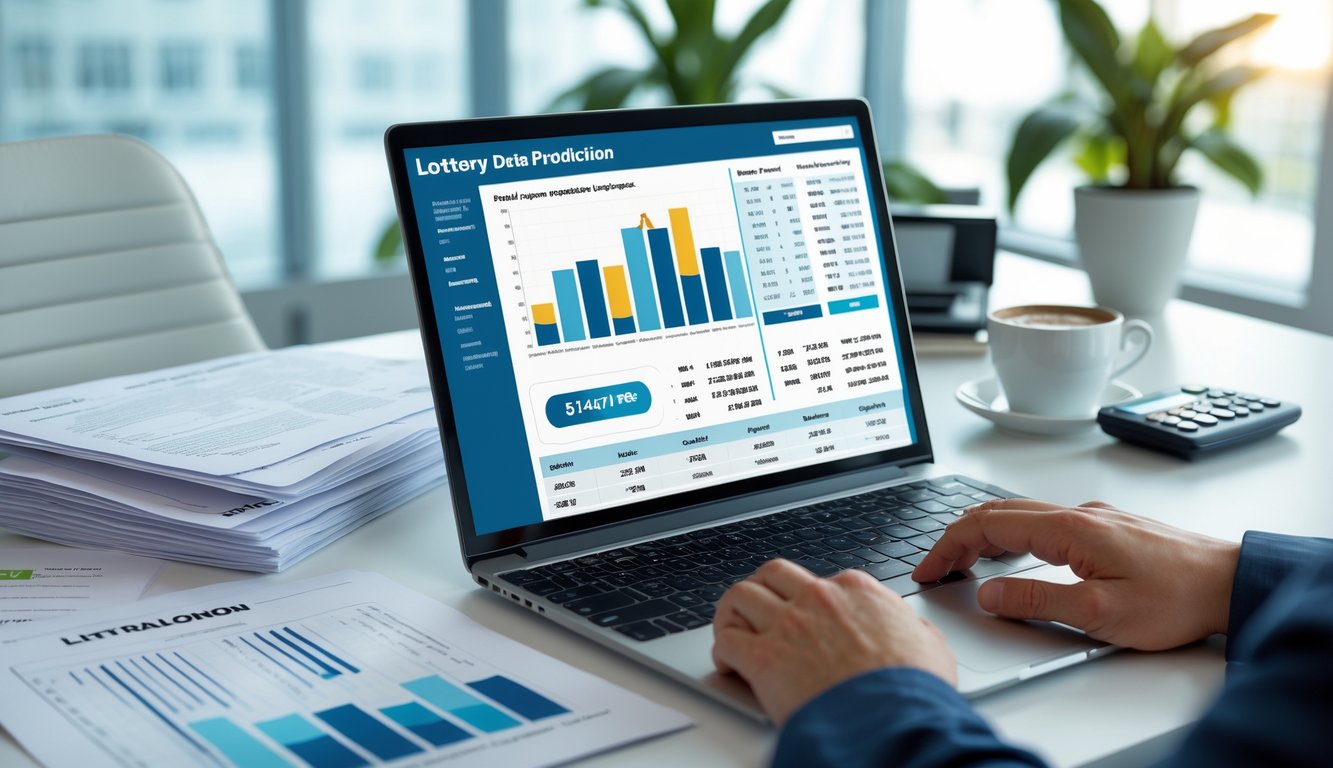 Meja kerja modern dengan laptop menampilkan grafik dan angka, tangan seseorang sedang mengetik, dokumen, kalkulator, dan secangkir kopi di ruang kantor yang terang dan rapi.