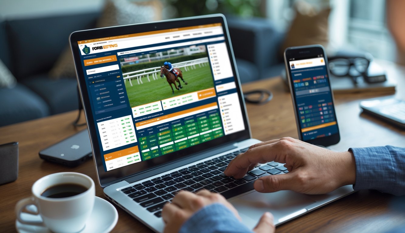 Seseorang menggunakan laptop di meja kerja untuk memasang taruhan pacuan kuda online.