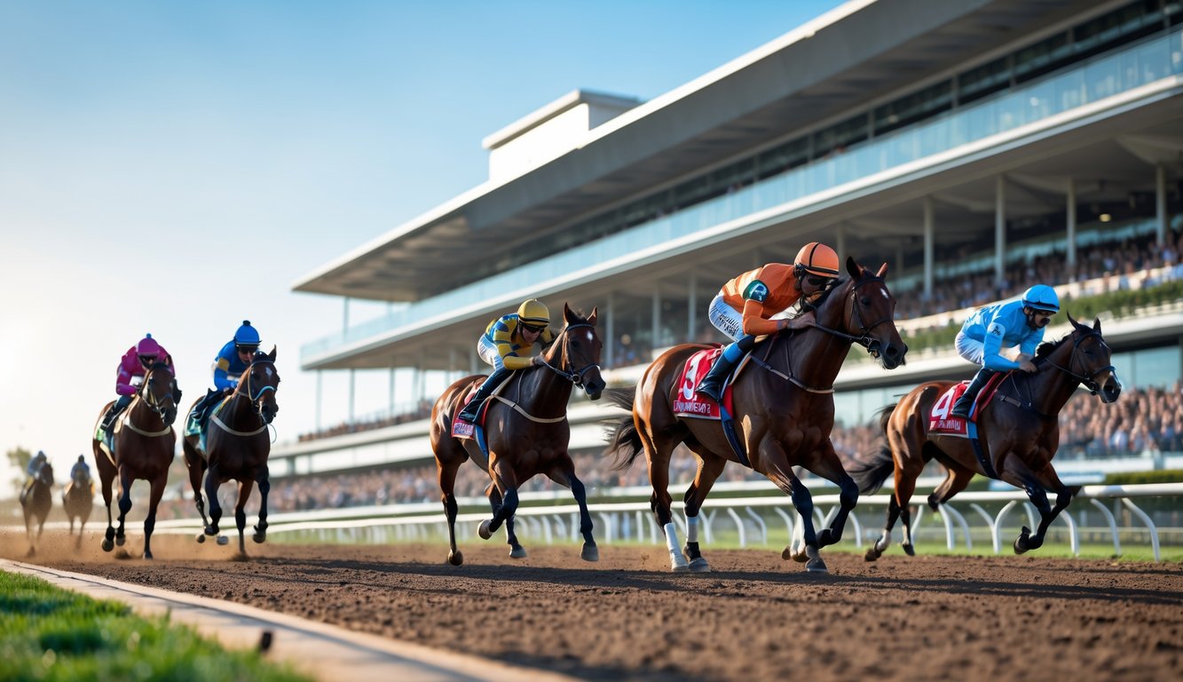 Beberapa kuda pacuan berlari cepat di lintasan dengan joki mengenakan pakaian balap berwarna-warni, di depan tribun penonton yang ramai.