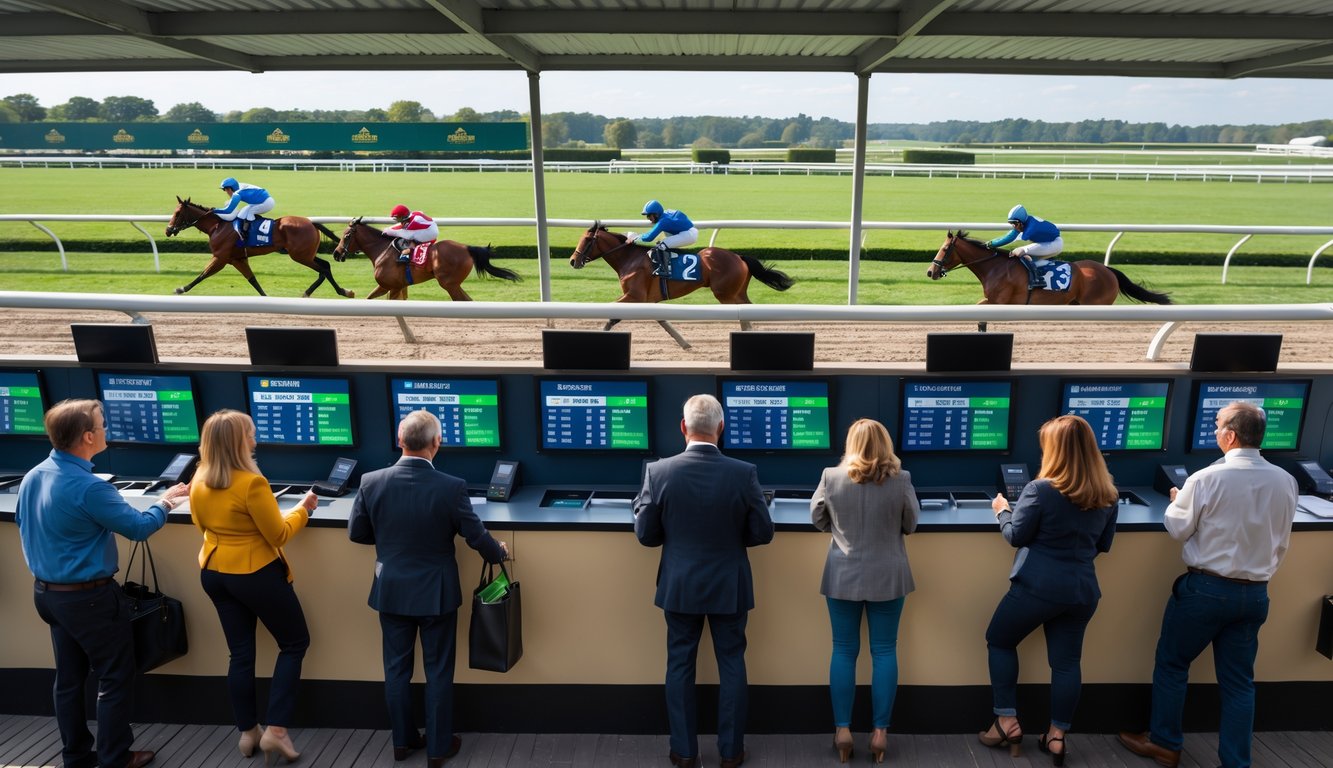 Orang-orang memasang taruhan pacuan kuda di sebuah loket dengan latar belakang kuda berlari di lintasan pacuan.