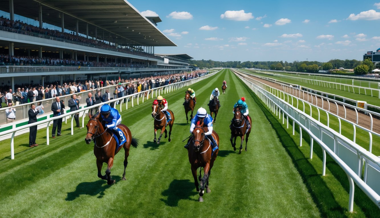 Lomba pacuan kuda resmi dengan kuda dan joki berlari di lintasan hijau dan penonton di tribun.