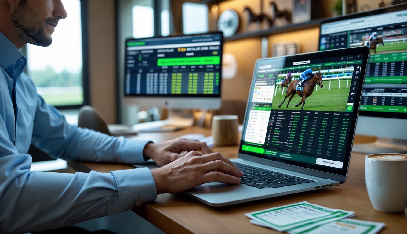 Seorang agen pacuan kuda online sedang bekerja di depan komputer dengan layar menampilkan balapan kuda dan data taruhan.
