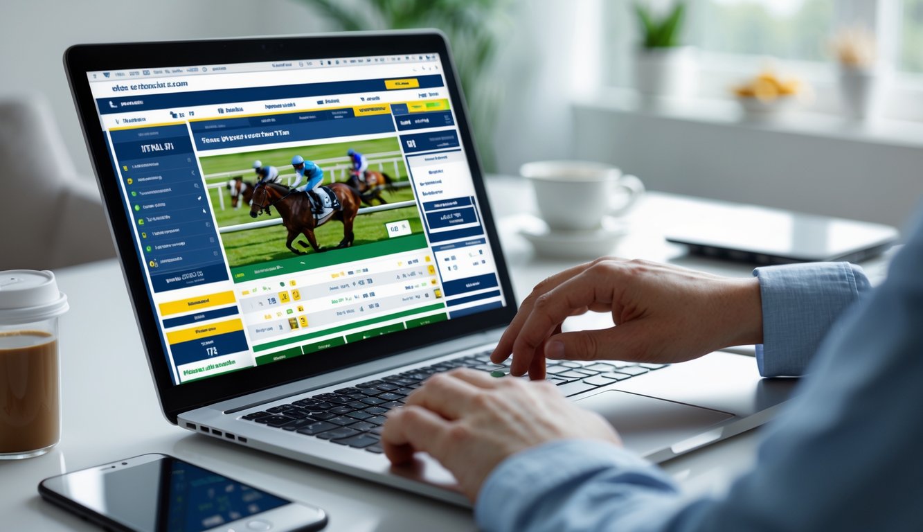 Seseorang sedang memasang taruhan kuda secara online menggunakan laptop di meja kerja.