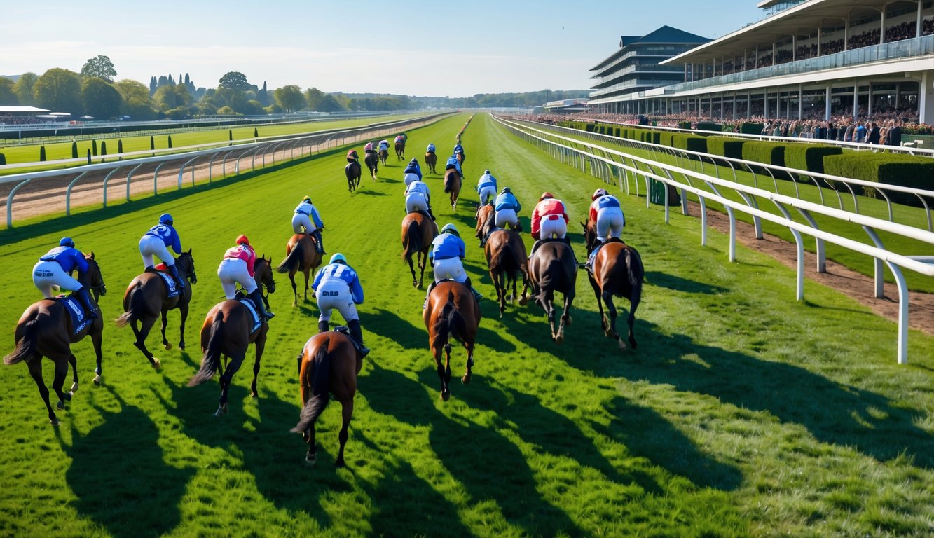 Lomba pacuan kuda di lintasan hijau dengan joki mengenakan pakaian warna-warni dan penonton di tribun.
