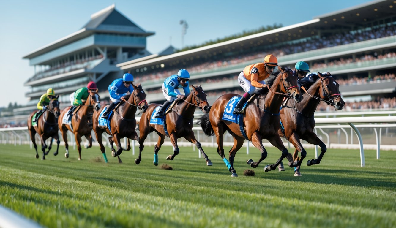 Beberapa kuda pacuan sedang berlari di lintasan dengan joki mengenakan pakaian berwarna-warni dan penonton di latar belakang.