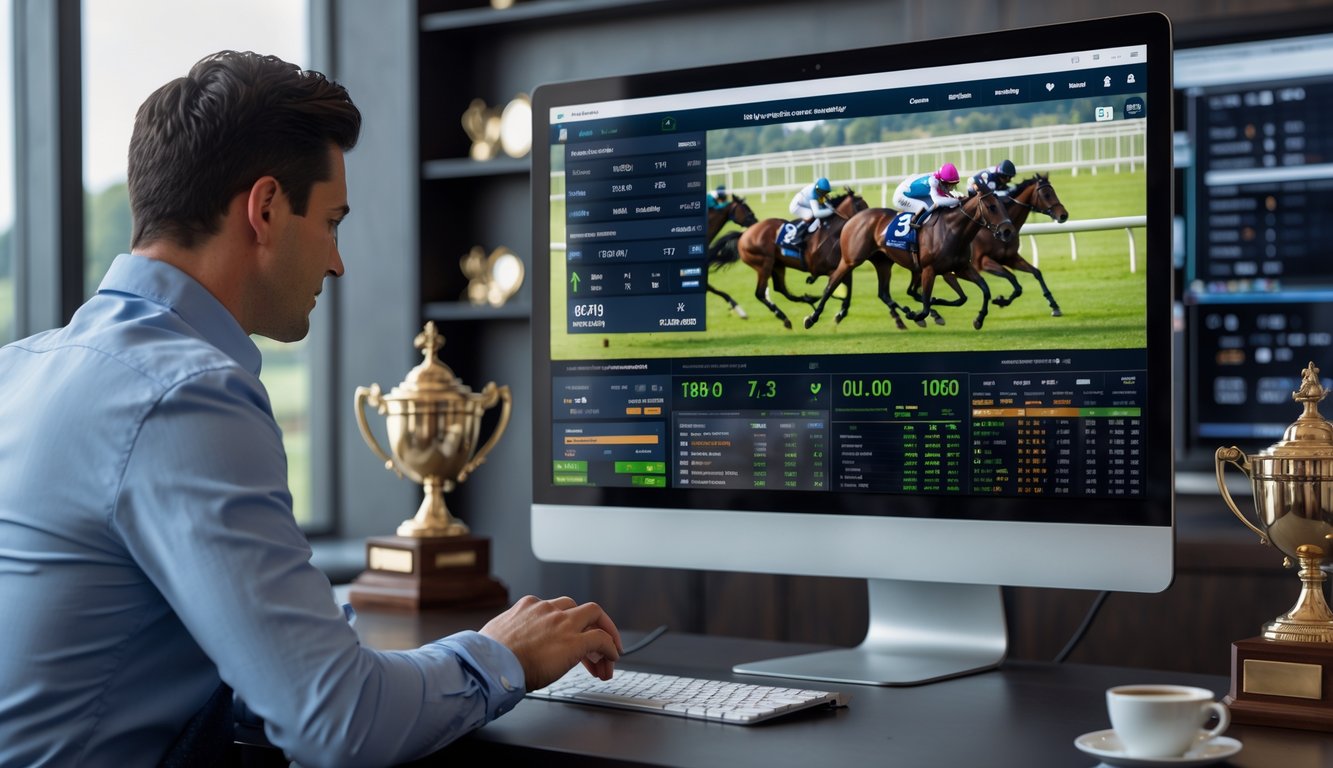 Seorang profesional sedang menggunakan komputer dengan tampilan statistik dan siaran langsung balap kuda di layar.