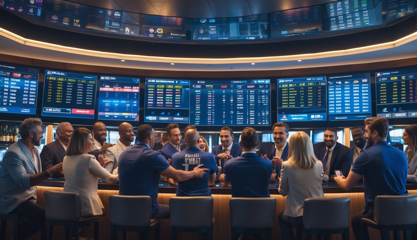 Sekelompok orang sedang melihat layar besar yang menampilkan statistik dan skor pertandingan NBA di sebuah ruang taruhan olahraga yang modern.