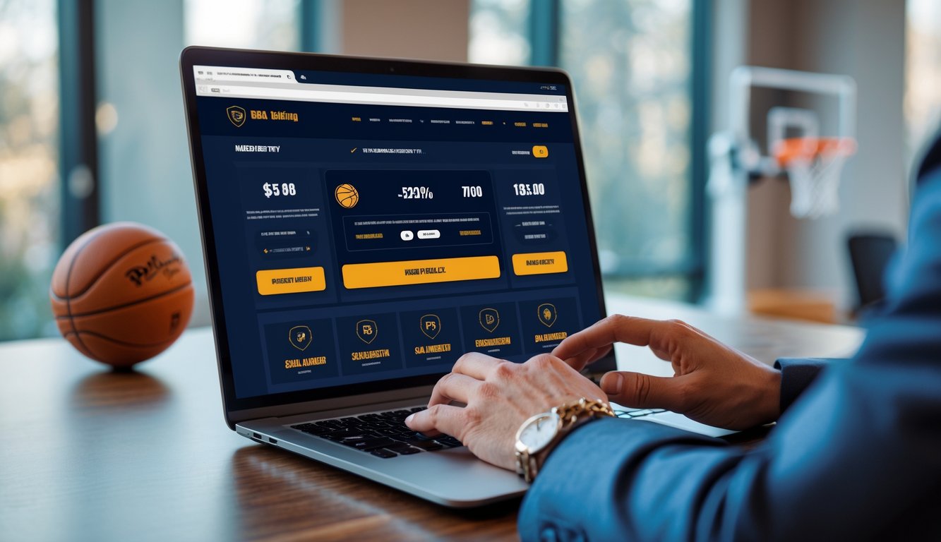 Seseorang menggunakan laptop di meja dengan tema bola basket, menunjukkan aktivitas taruhan NBA online yang aman.