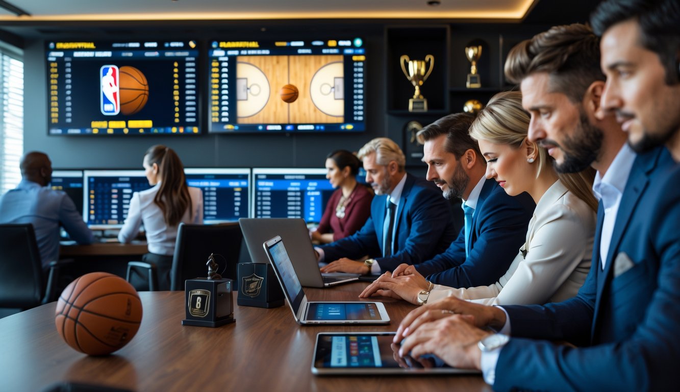 Orang-orang menggunakan perangkat digital di ruang modern dengan layar besar menampilkan pertandingan bola basket NBA dan peluang taruhan.