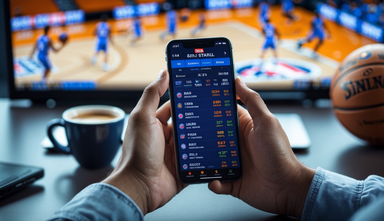 Seseorang memegang ponsel yang menampilkan statistik dan peluang pertandingan bola basket NBA dengan latar belakang lapangan bola basket dan pemain yang sedang bermain.