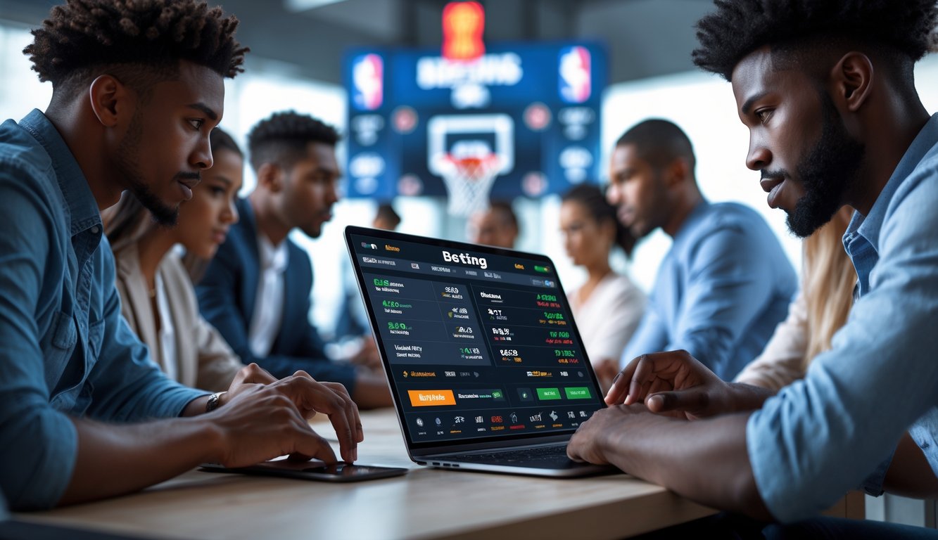 Beberapa orang muda menggunakan perangkat digital untuk memasang taruhan pada pertandingan NBA secara cepat.