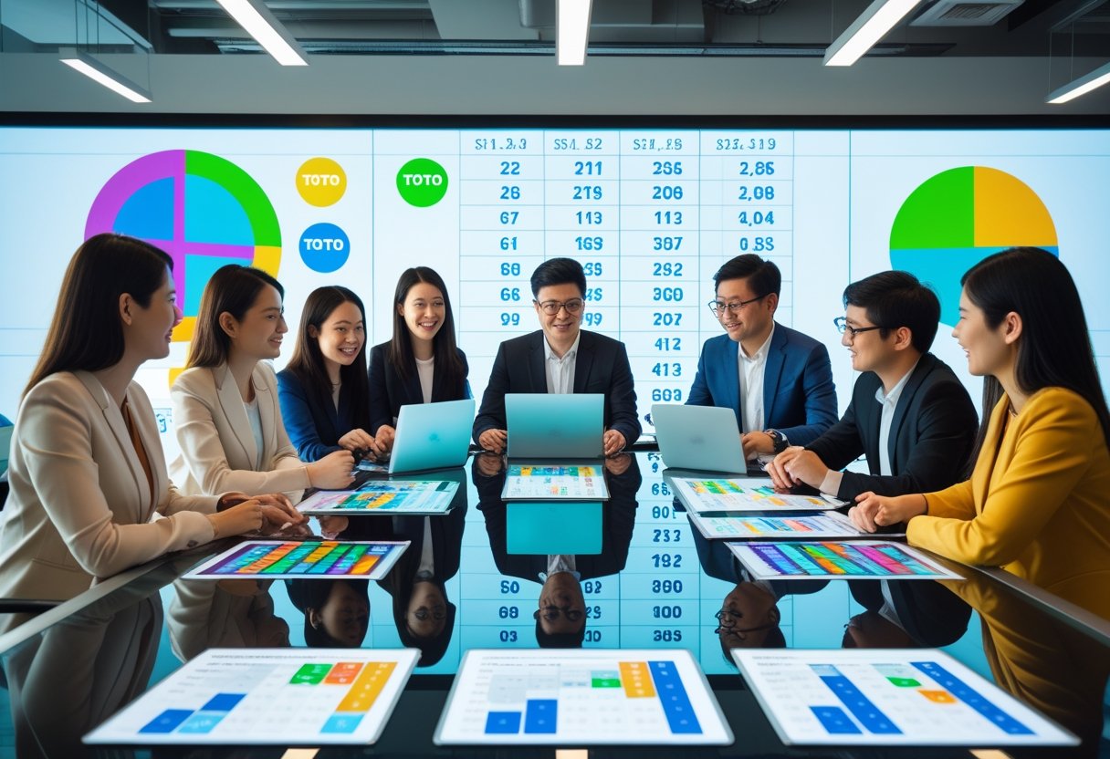 A group of people in an office analyzing lottery results on digital devices and printed charts around a glass table.