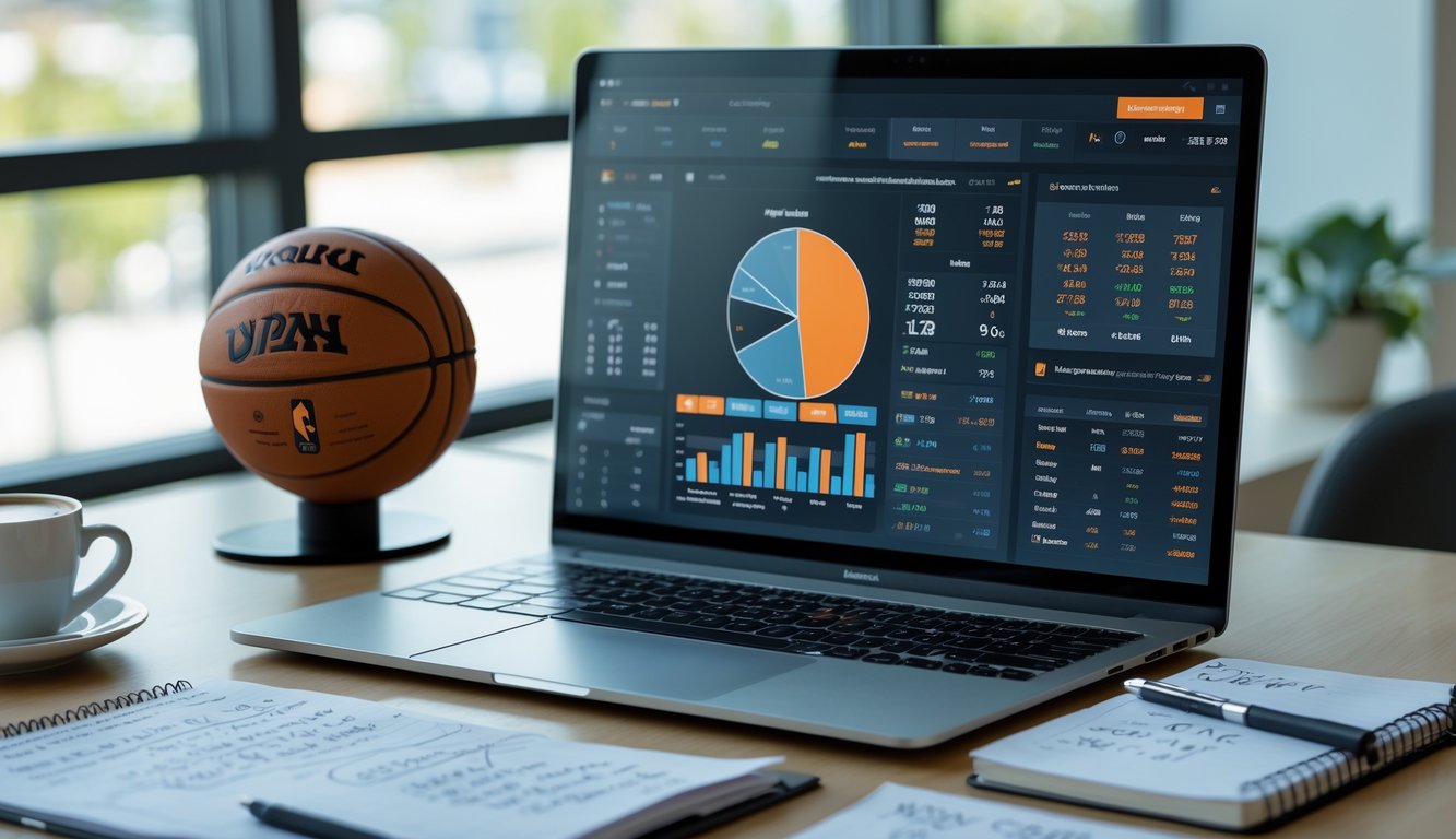 Meja kerja modern dengan laptop menampilkan statistik bola basket, ponsel dengan skor NBA langsung, dan buku catatan dengan catatan tangan.
