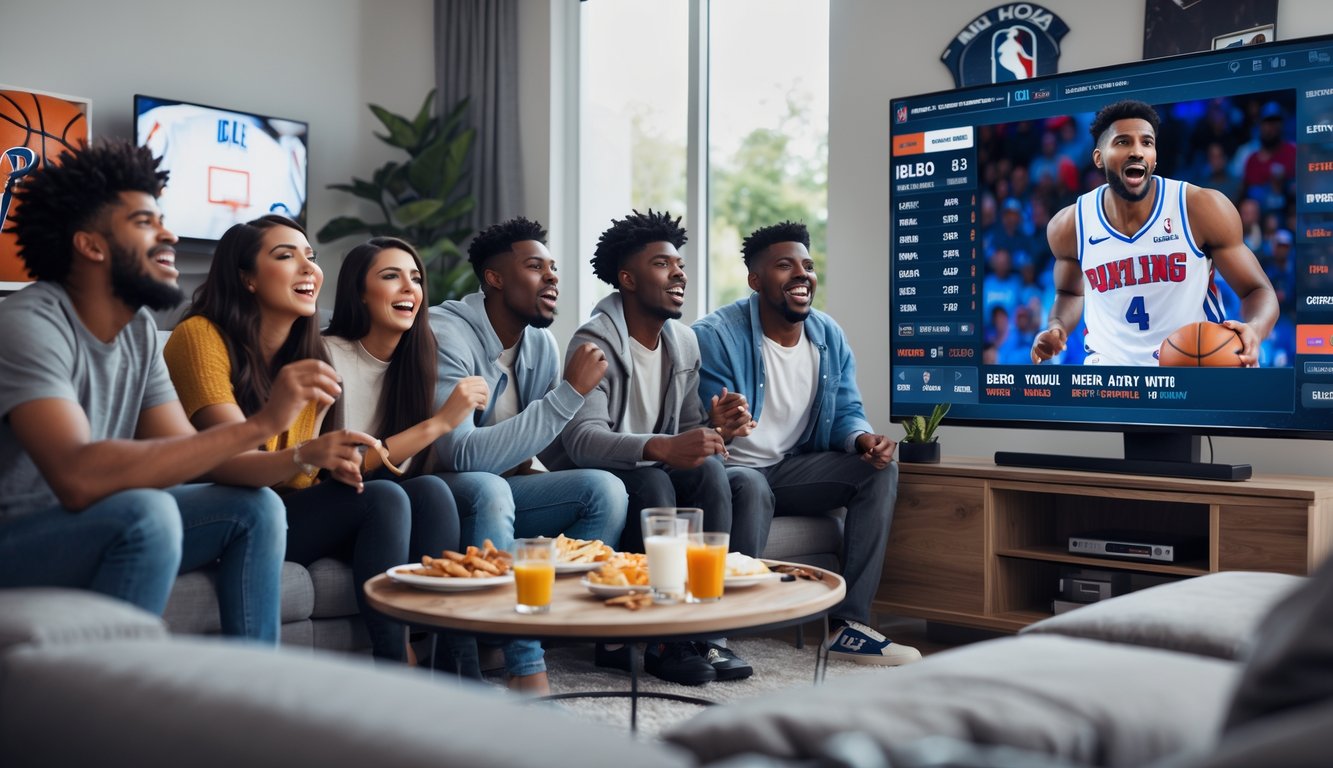 Sekelompok orang muda menonton pertandingan NBA secara langsung di ruang tamu dengan ekspresi antusias.