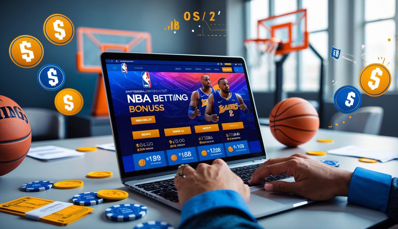 Seorang pengguna laptop sedang melihat situs taruhan NBA dengan latar bola basket dan perlengkapan taruhan di meja.