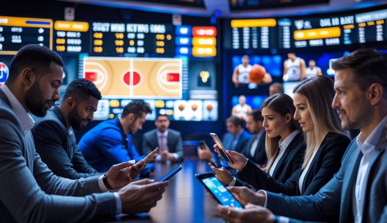 Orang-orang sedang menggunakan perangkat elektronik di tempat taruhan olahraga dengan layar besar menampilkan statistik dan skor pertandingan bola basket.