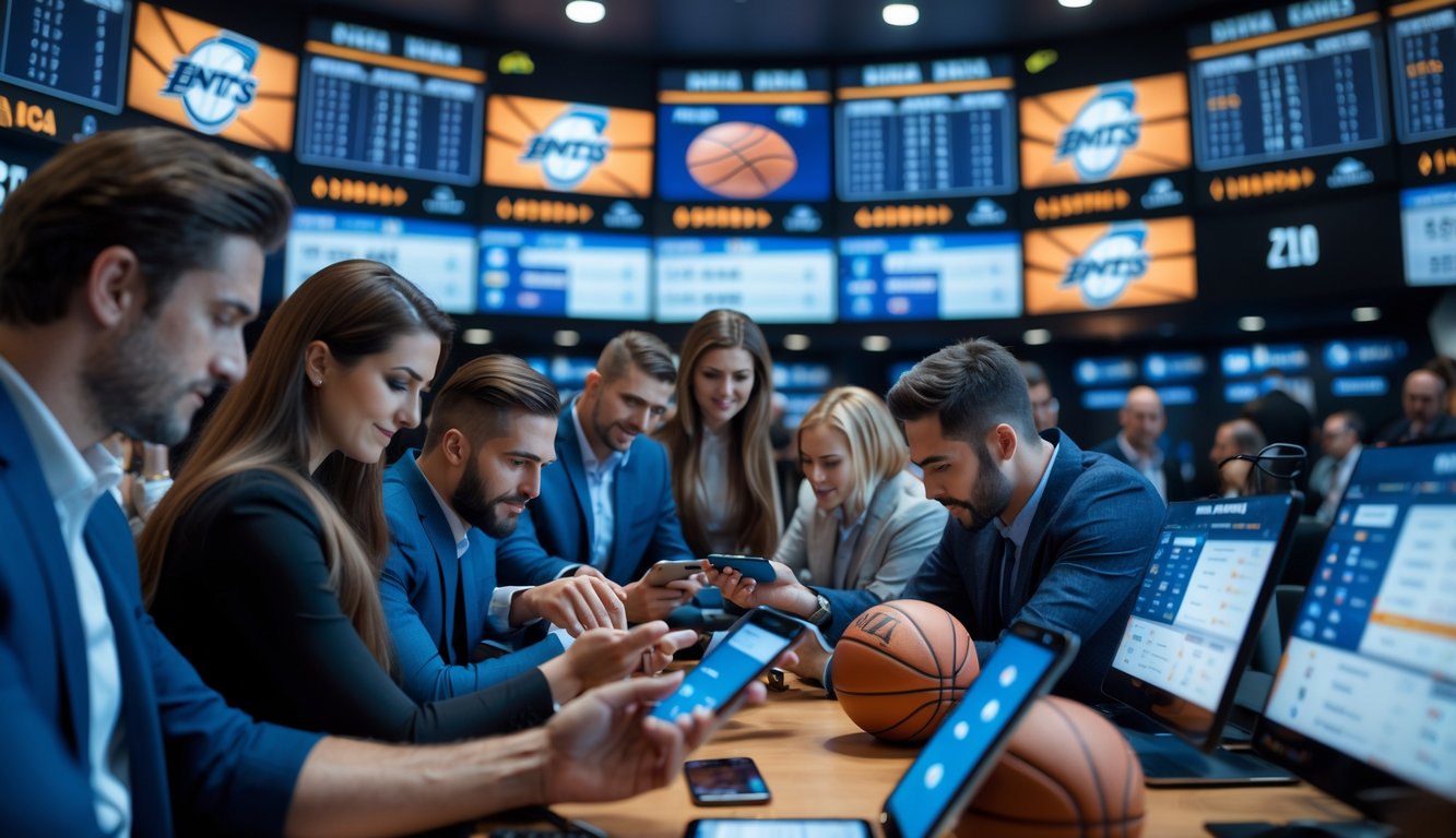 Orang-orang menggunakan perangkat digital di ruang taruhan dengan layar menampilkan pertandingan NBA.