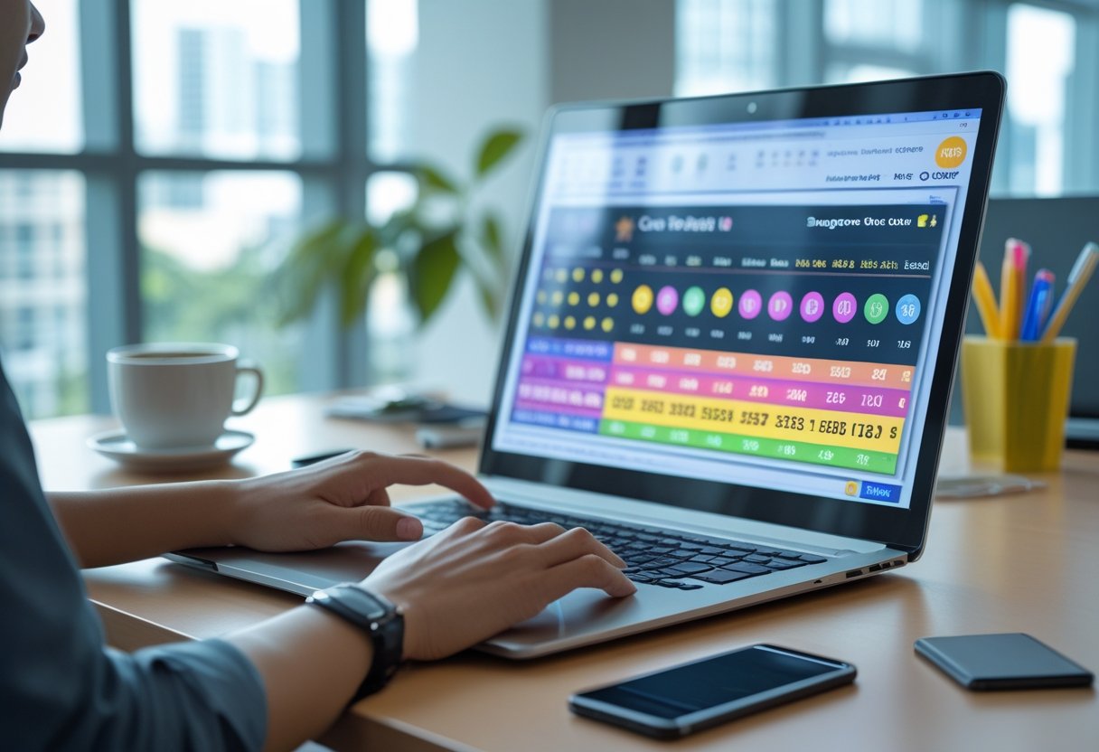 A person looking at lottery results on a laptop in a bright, modern office setting with a coffee cup and smartphone on the desk.