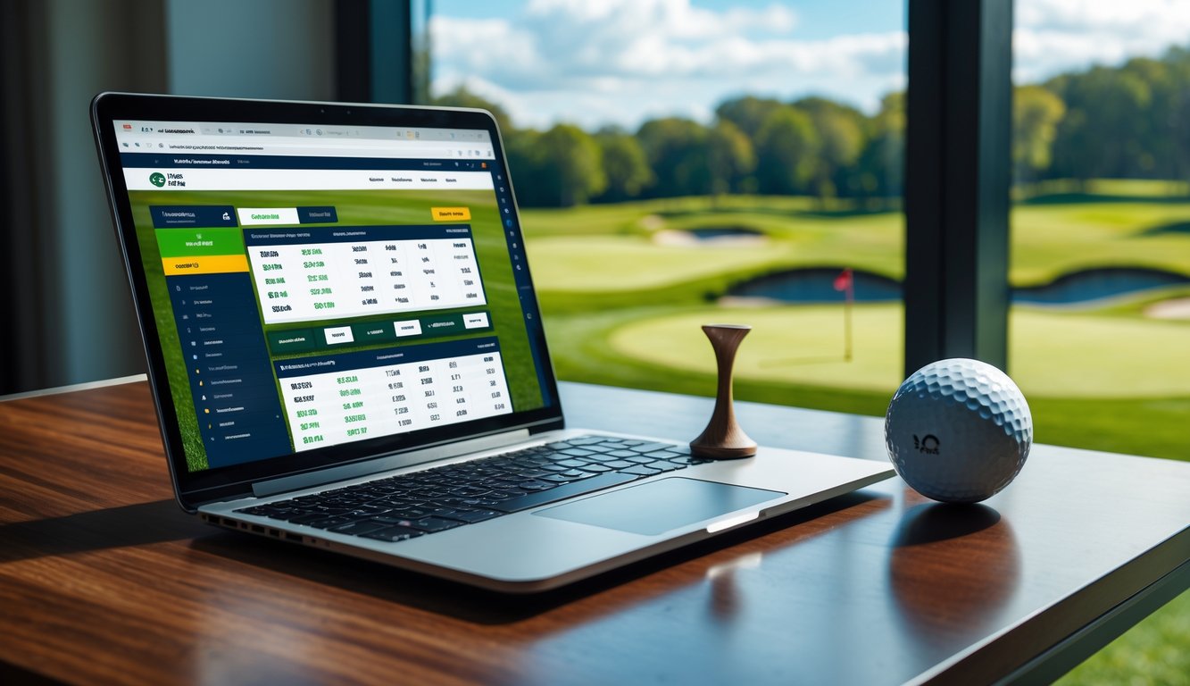 Seorang pria menggunakan laptop di meja dengan pemandangan lapangan golf di luar jendela.