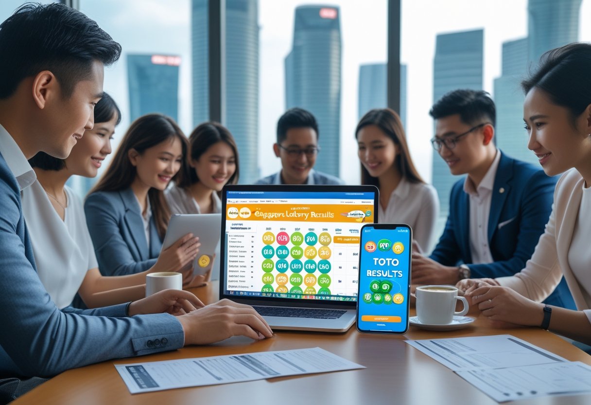 People in an office checking lottery results on digital devices with the Singapore skyline visible through a window.