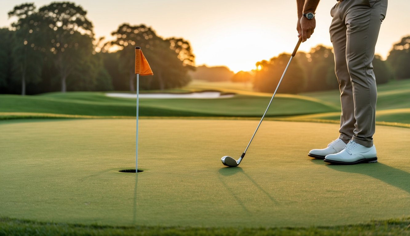 Seorang pegolf sedang bersiap memukul bola di lapangan golf yang hijau dan tenang saat matahari terbit.