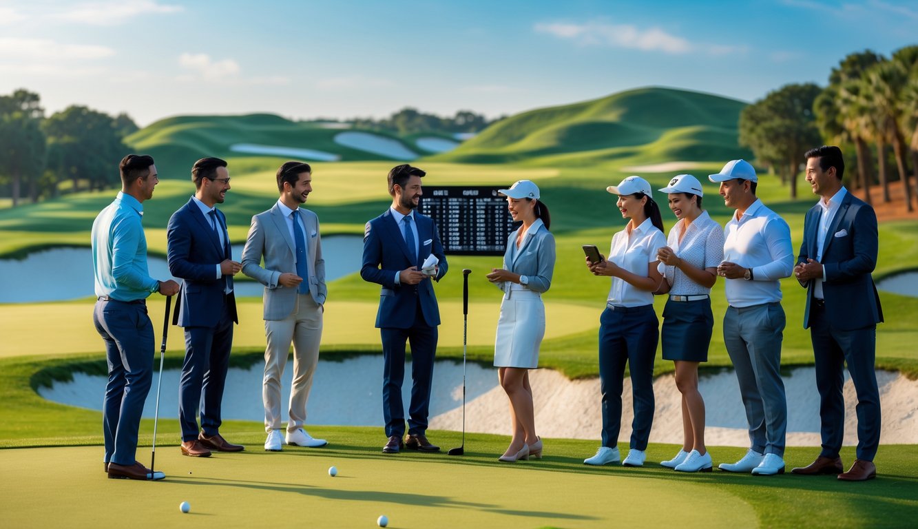 Sekelompok orang sedang berdiskusi di lapangan golf hijau dengan peralatan golf, menunjukkan suasana taruhan golf internasional.